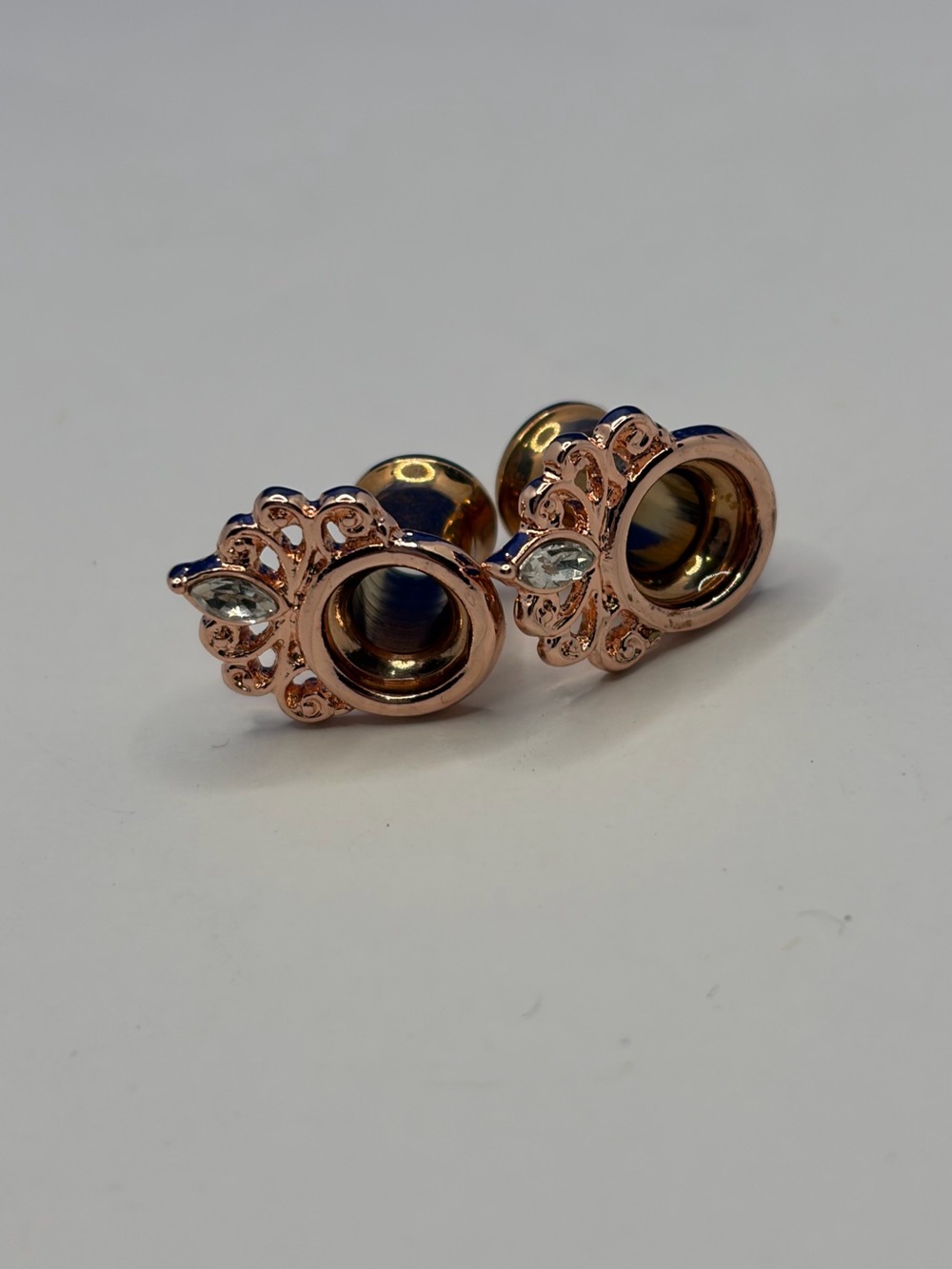 Rose Gold Floral Tunnel Plug Ear Gauges with Clear Gem Accents 0G/8mm